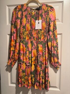 Smocked Long-Sleeve Floral Mini Dress - Pink & Yellow